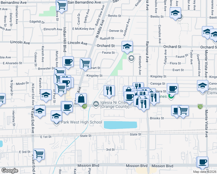 map of restaurants, bars, coffee shops, grocery stores, and more near 10410 Amherst Avenue in Montclair