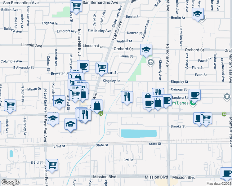 map of restaurants, bars, coffee shops, grocery stores, and more near 10408 Via Palma in Montclair
