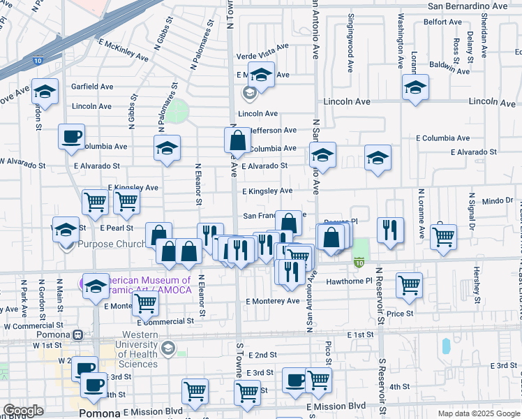 map of restaurants, bars, coffee shops, grocery stores, and more near 678 San Francisco Avenue in Pomona