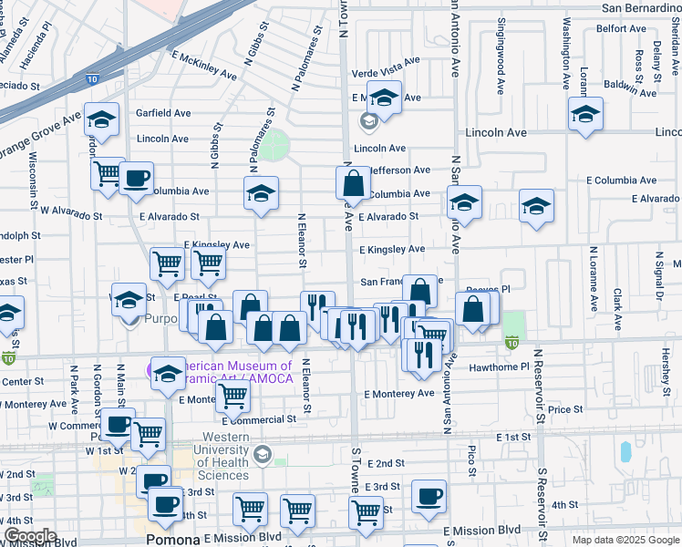 map of restaurants, bars, coffee shops, grocery stores, and more near 562 San Francisco Avenue in Pomona