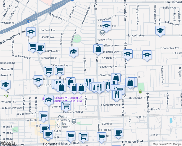map of restaurants, bars, coffee shops, grocery stores, and more near 562 San Francisco Avenue in Pomona
