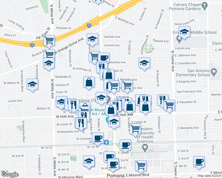map of restaurants, bars, coffee shops, grocery stores, and more near 707 Bradford Street in Pomona