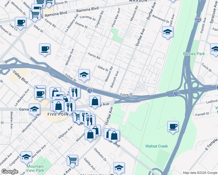 map of restaurants, bars, coffee shops, grocery stores, and more near 12217 Exline Street in El Monte