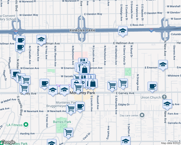 map of restaurants, bars, coffee shops, grocery stores, and more near 304 North Garfield Avenue in Monterey Park