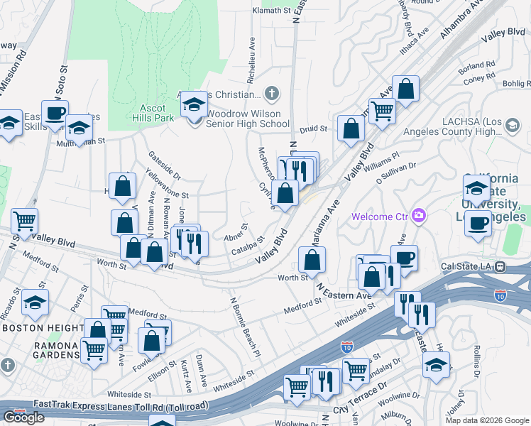 map of restaurants, bars, coffee shops, grocery stores, and more near 4739 Catalpa Street in Los Angeles