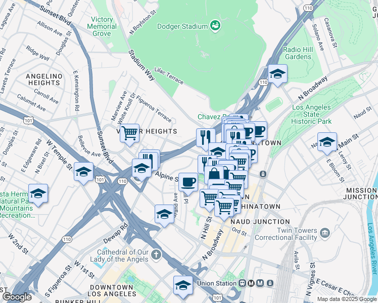 map of restaurants, bars, coffee shops, grocery stores, and more near 877 North Bunker Hill Avenue in Los Angeles