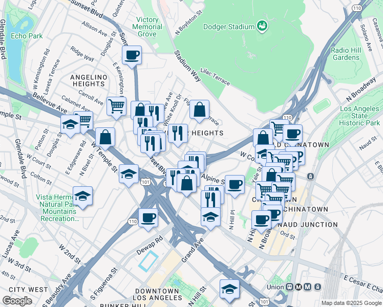 map of restaurants, bars, coffee shops, grocery stores, and more near 1009 Alpine Street in Los Angeles