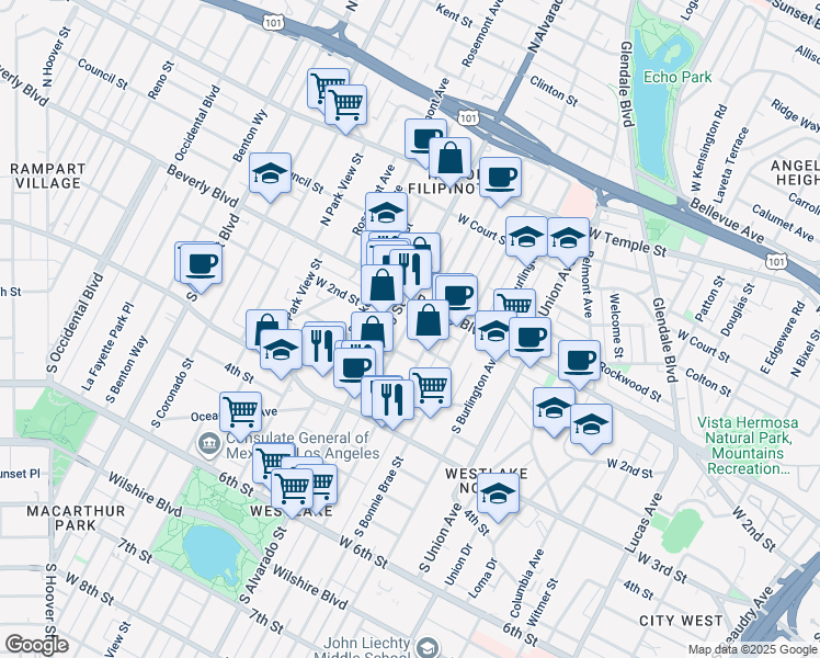 map of restaurants, bars, coffee shops, grocery stores, and more near 152 South Mountain View Avenue in Los Angeles