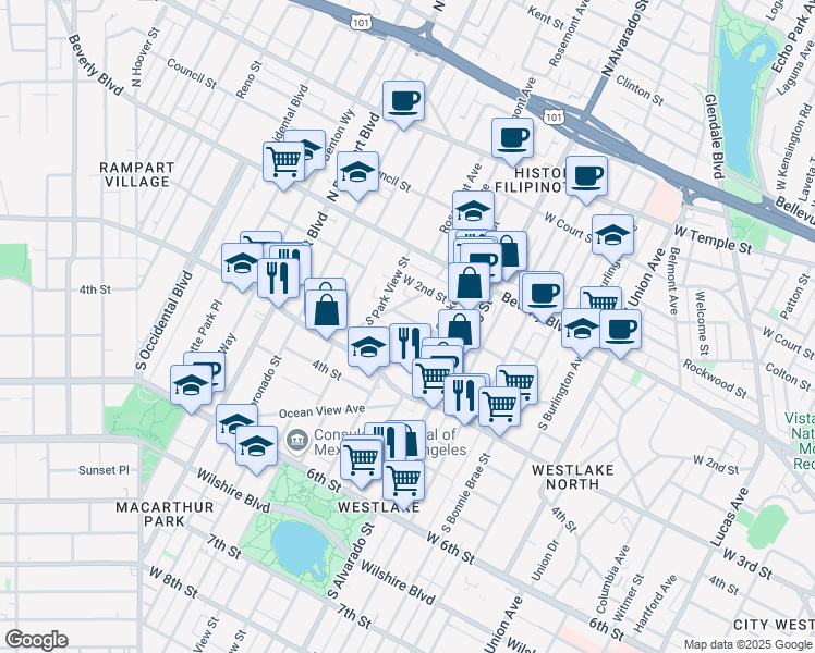 map of restaurants, bars, coffee shops, grocery stores, and more near 265 South Lake Street in Los Angeles