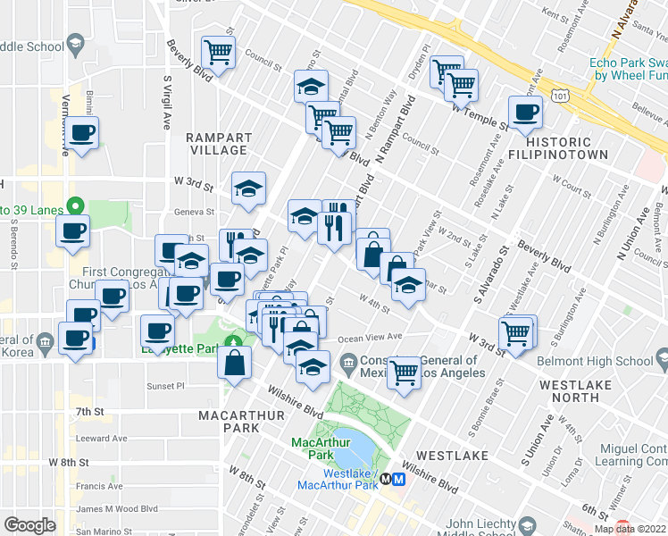 map of restaurants, bars, coffee shops, grocery stores, and more near 336 South Rampart Boulevard in Los Angeles