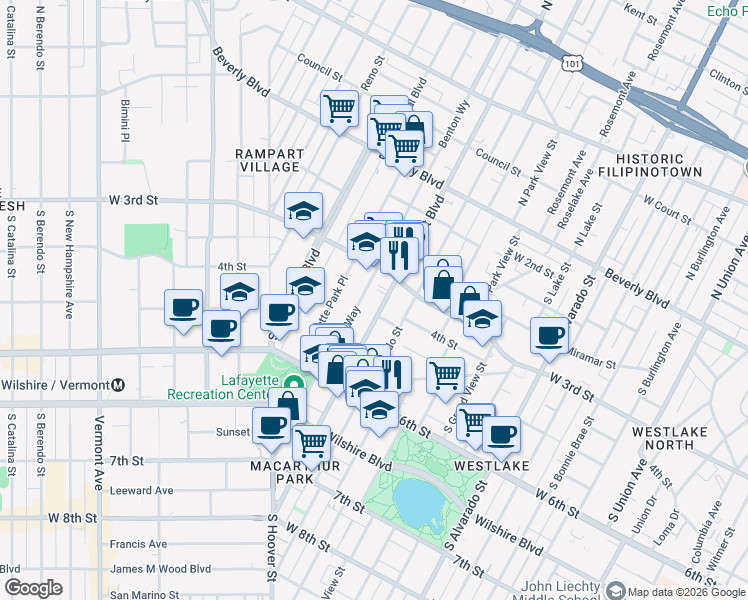 map of restaurants, bars, coffee shops, grocery stores, and more near 336 South Rampart Boulevard in Los Angeles