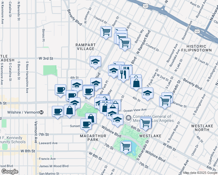 map of restaurants, bars, coffee shops, grocery stores, and more near 400 South La Fayette Park Place in Los Angeles
