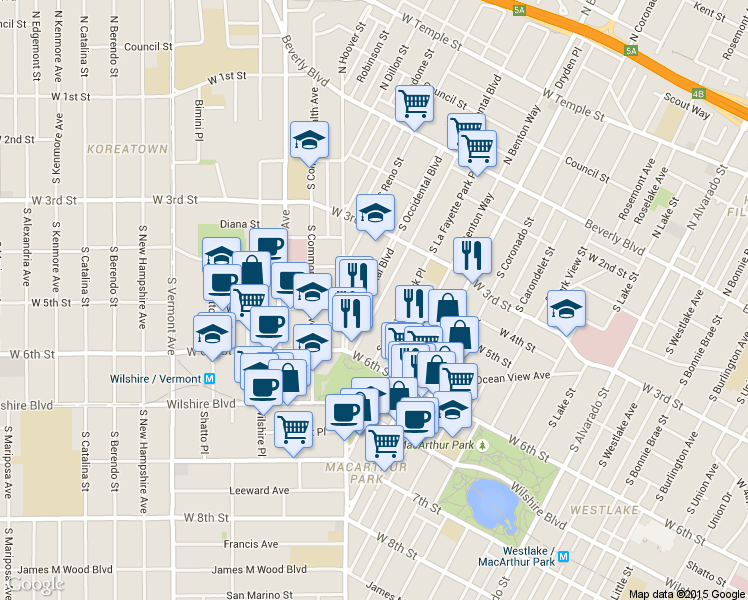 map of restaurants, bars, coffee shops, grocery stores, and more near 435 South La Fayette Park Place in Los Angeles