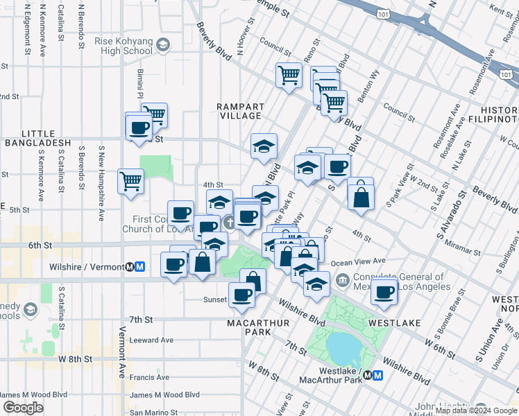 map of restaurants, bars, coffee shops, grocery stores, and more near 435 South La Fayette Park Place in Los Angeles