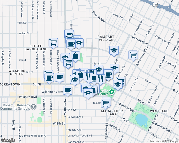 map of restaurants, bars, coffee shops, grocery stores, and more near 500 South Virgil Avenue in Los Angeles