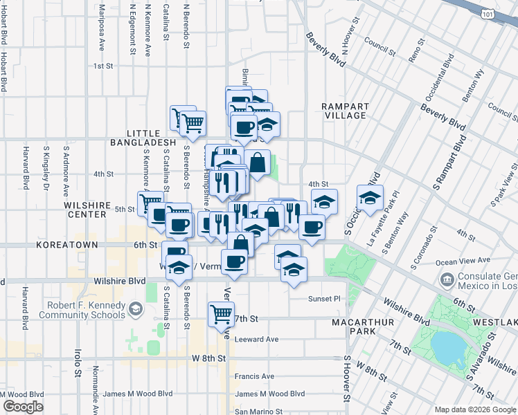 map of restaurants, bars, coffee shops, grocery stores, and more near 505 Shatto Place in Los Angeles