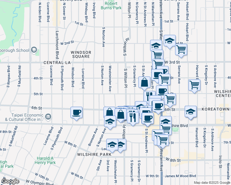 map of restaurants, bars, coffee shops, grocery stores, and more near 508 South Van Ness Avenue in Los Angeles