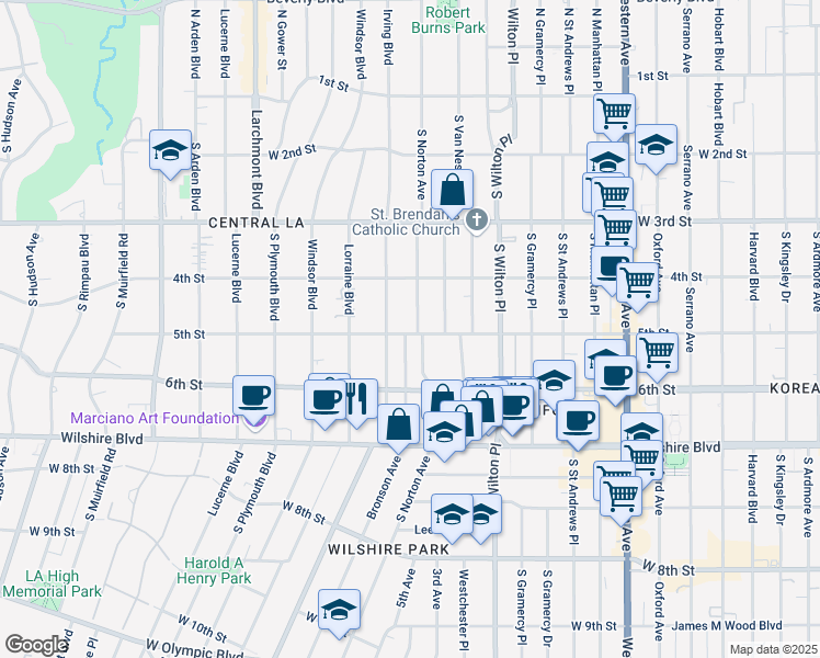 map of restaurants, bars, coffee shops, grocery stores, and more near 506 South Norton Avenue in Los Angeles