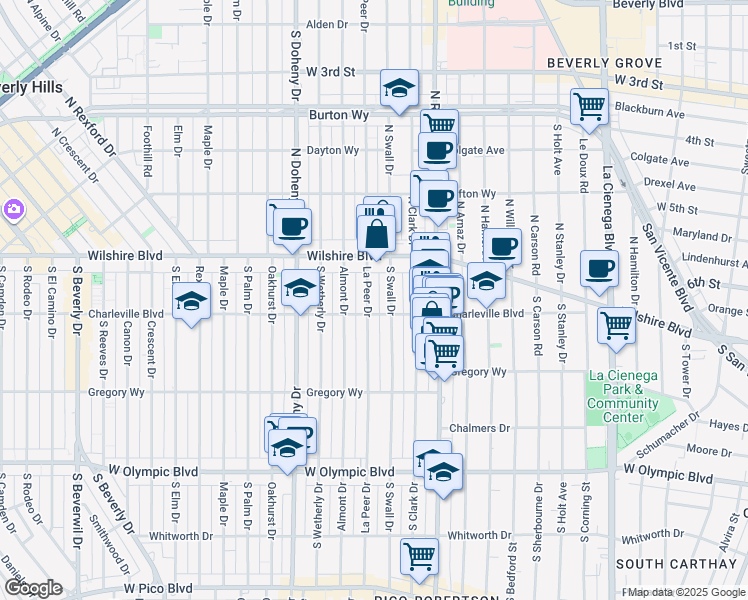 map of restaurants, bars, coffee shops, grocery stores, and more near 157 South Swall Drive in Beverly Hills