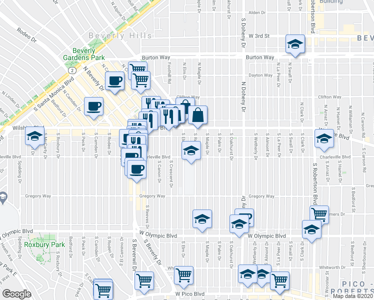map of restaurants, bars, coffee shops, grocery stores, and more near 159 South Elm Drive in Beverly Hills