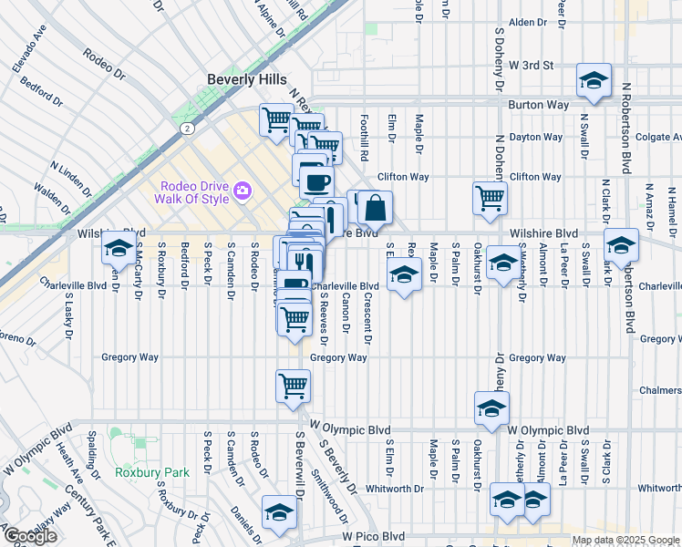 map of restaurants, bars, coffee shops, grocery stores, and more near 9379 Charleville Boulevard in Beverly Hills