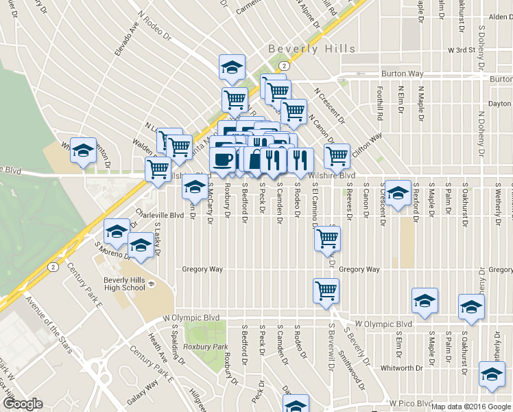 map of restaurants, bars, coffee shops, grocery stores, and more near 200 South Bedford Drive in Beverly Hills