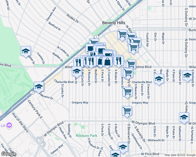 map of restaurants, bars, coffee shops, grocery stores, and more near 200 South Bedford Drive in Beverly Hills