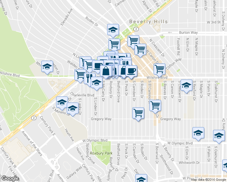 map of restaurants, bars, coffee shops, grocery stores, and more near 162 South Roxbury Drive in Beverly Hills