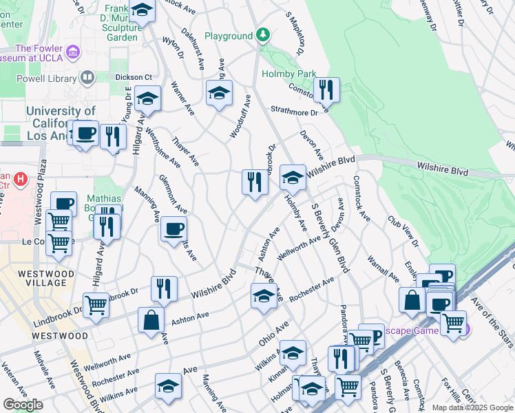 map of restaurants, bars, coffee shops, grocery stores, and more near 10450 Wilshire Boulevard in Los Angeles