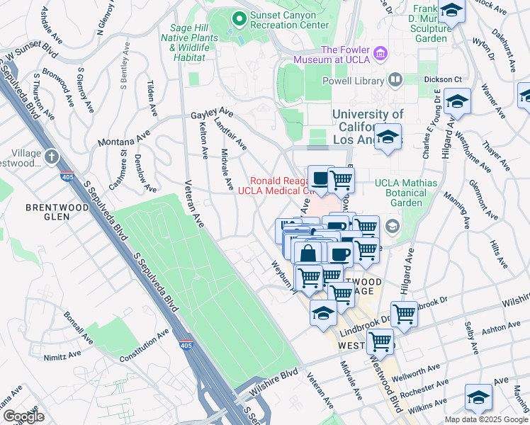 map of restaurants, bars, coffee shops, grocery stores, and more near 11024 Strathmore Drive in Los Angeles