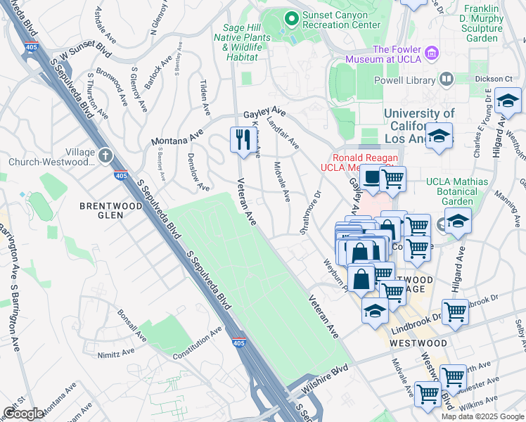 map of restaurants, bars, coffee shops, grocery stores, and more near 664 Veteran Avenue in Los Angeles