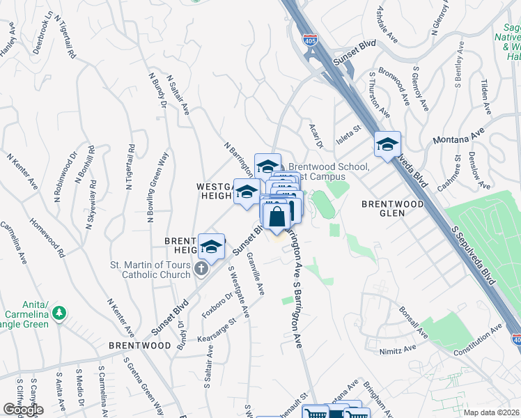 map of restaurants, bars, coffee shops, grocery stores, and more near 11725 Sunset Boulevard in Los Angeles