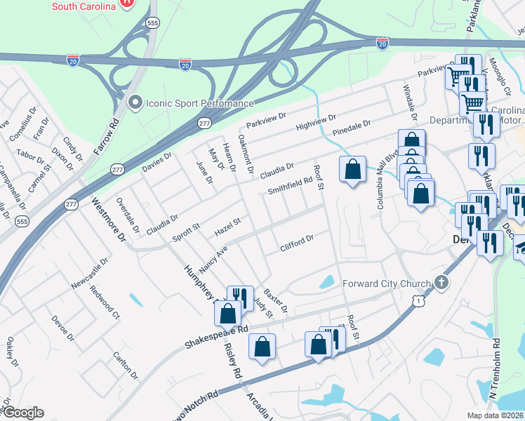 map of restaurants, bars, coffee shops, grocery stores, and more near 3720 Hearn Drive in Columbia