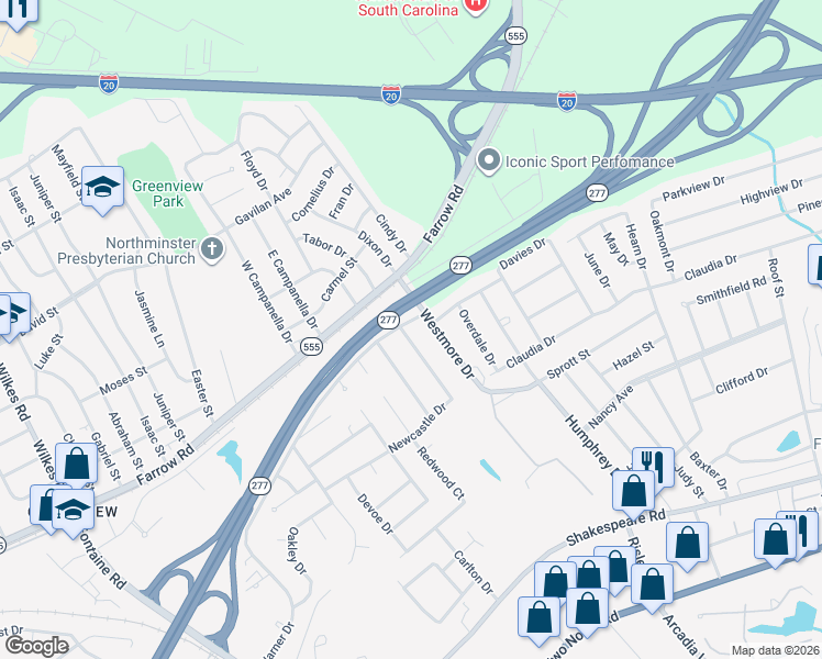 map of restaurants, bars, coffee shops, grocery stores, and more near 134 Newcastle Drive in Columbia