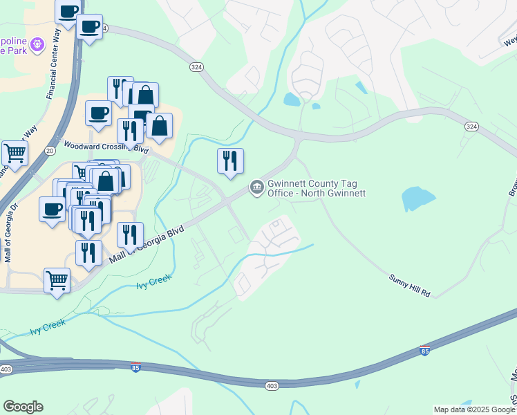 map of restaurants, bars, coffee shops, grocery stores, and more near 2707 Mall of Georgia Boulevard in Buford