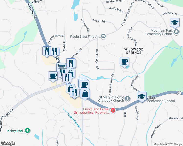map of restaurants, bars, coffee shops, grocery stores, and more near 4820 Surrey Drive in Roswell