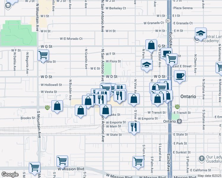 map of restaurants, bars, coffee shops, grocery stores, and more near 640 West Vesta Street in Ontario