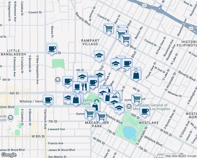 map of restaurants, bars, coffee shops, grocery stores, and more near 435 South La Fayette Park Place in Los Angeles