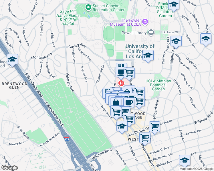map of restaurants, bars, coffee shops, grocery stores, and more near 10958 Roebling Avenue in Los Angeles
