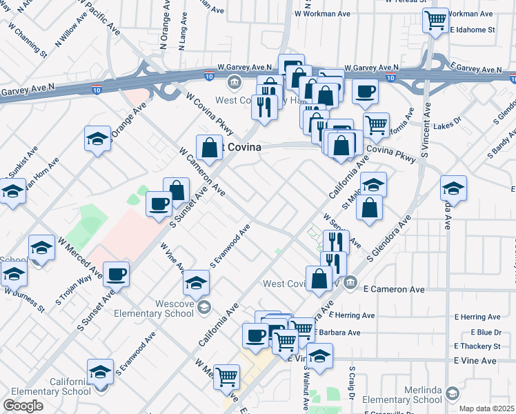 map of restaurants, bars, coffee shops, grocery stores, and more near 757 South Evanwood Avenue in West Covina