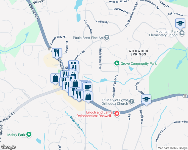 map of restaurants, bars, coffee shops, grocery stores, and more near 4820 Surrey Drive in Roswell