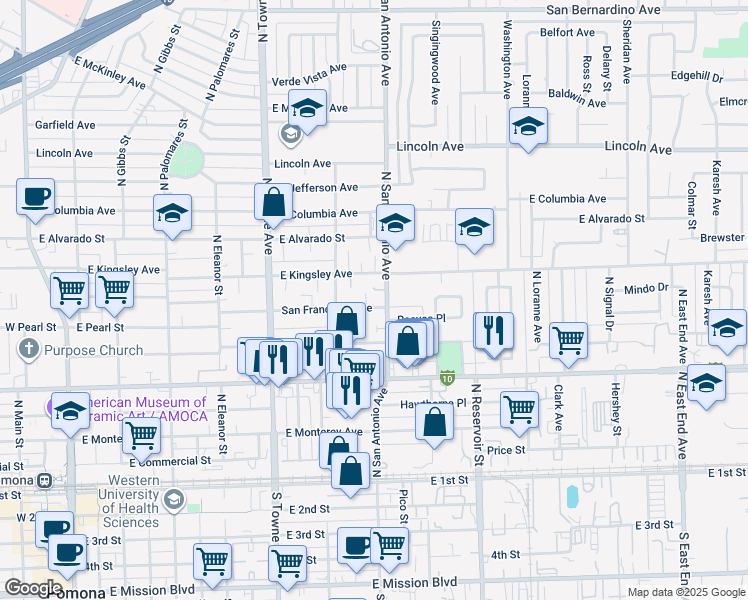 map of restaurants, bars, coffee shops, grocery stores, and more near 773 San Francisco Avenue in Pomona