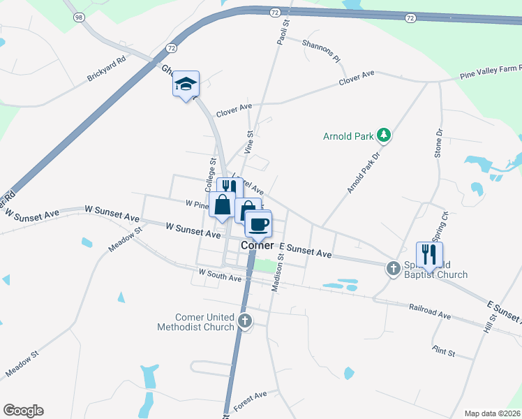 map of restaurants, bars, coffee shops, grocery stores, and more near 2061 Main Street in Comer