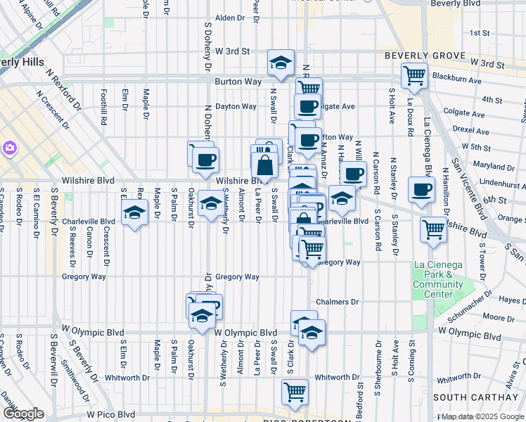 map of restaurants, bars, coffee shops, grocery stores, and more near 157 South Swall Drive in Beverly Hills