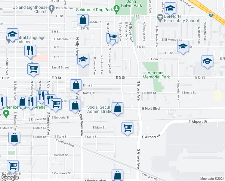 map of restaurants, bars, coffee shops, grocery stores, and more near 1060 East Nocta Street in Ontario