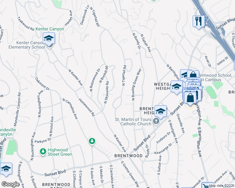 map of restaurants, bars, coffee shops, grocery stores, and more near 346 North Tigertail Road in Los Angeles