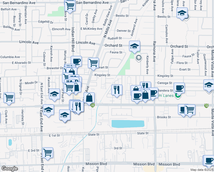 map of restaurants, bars, coffee shops, grocery stores, and more near 4195 Kingsley Street in Montclair