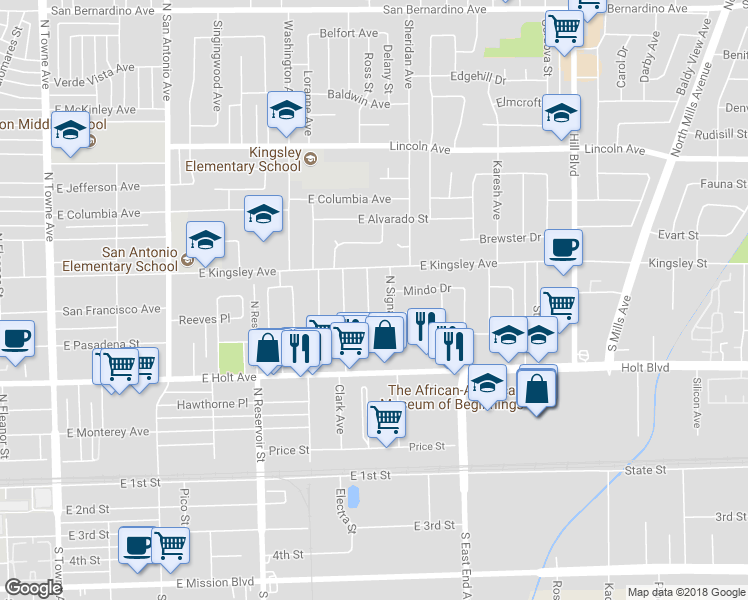 map of restaurants, bars, coffee shops, grocery stores, and more near 704 Mountain Avenue in Pomona