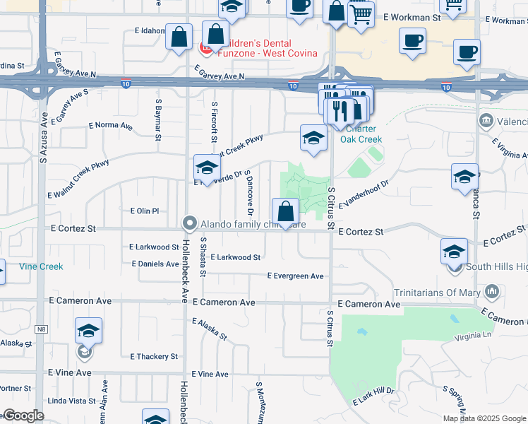 map of restaurants, bars, coffee shops, grocery stores, and more near 527 South Montezuma Way in West Covina