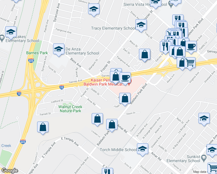 map of restaurants, bars, coffee shops, grocery stores, and more near 1000 Leorita Street in Baldwin Park